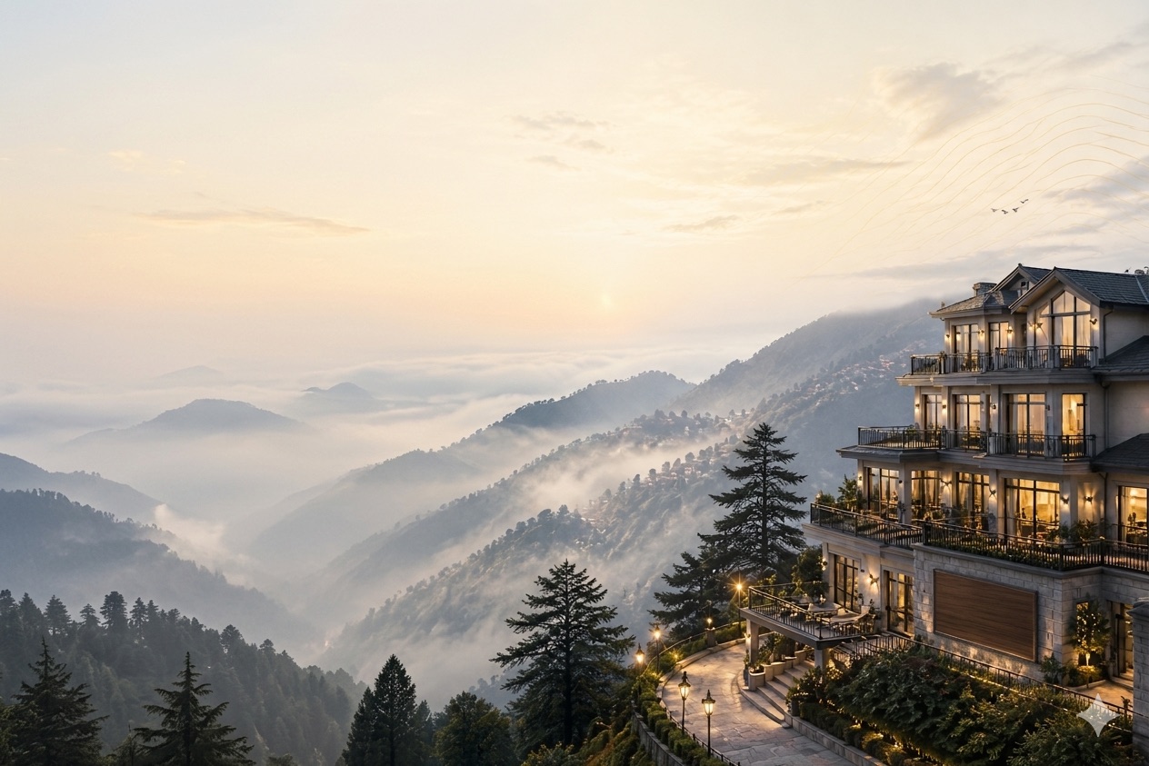 Mussoorie hill station hotel at sunrise