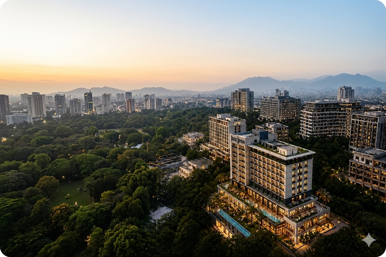 Luxury hotel aerial view at sunset