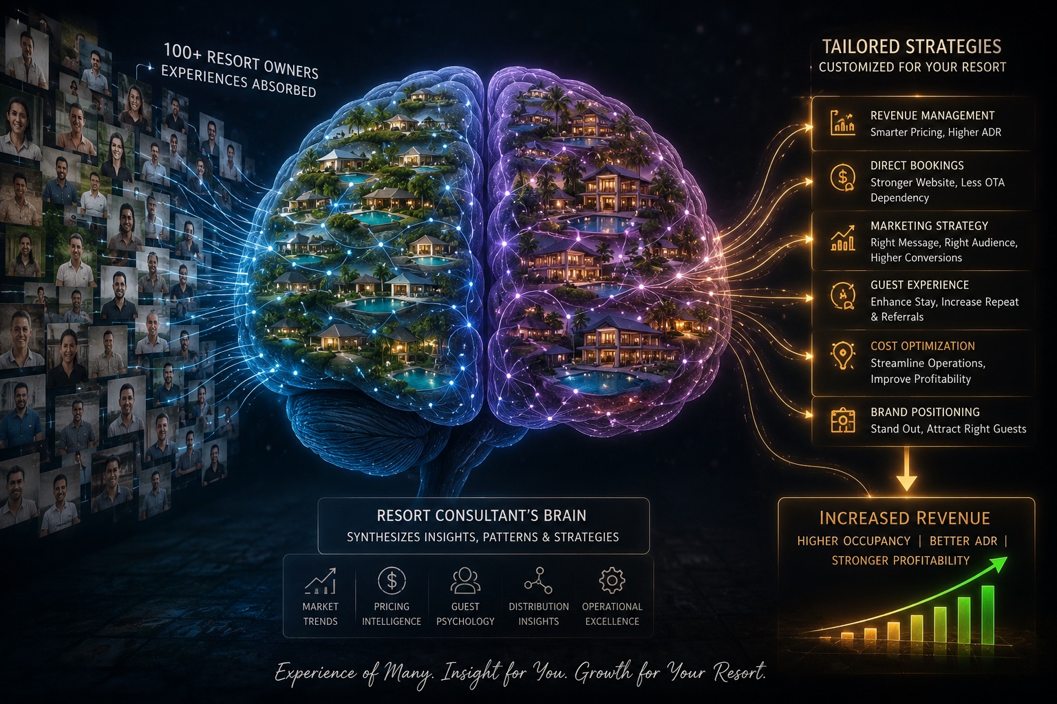 Resort Consultant's Brain — synthesising 100+ resort owner experiences into tailored strategies for revenue management, direct bookings, guest experience, and brand positioning — BrandSync Hospitality